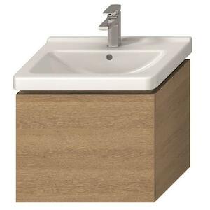 Felakasztható fürdőszobaszekrény a mosogató alatt tölgyfa dekorban mérete 59x48x42,7 cm. mosdó nélkül, teljes kihúzás behúzással