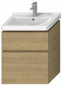 Felakasztható fürdőszobaszekrény a mosogató alatt tölgyfa dekorban mérete 59x68,3x42,7 cm. mosdó nélkül, teljes kihúzás behúzással