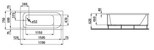 Téglalap alakú kád Laufen Solution 170x75 cm akrilát bal és jobb is H2235010000001