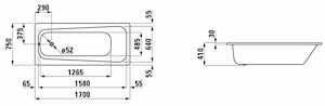 Téglalap alakú kád Laufen Moderna Plus 170x75 cm zománcozott acél bal és jobb is H2251300000401