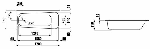 Téglalap alakú kád Laufen Moderna Plus 170x75 cm zománcozott acél bal és jobb is H2251300000401