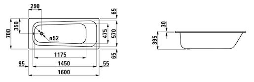 Téglalap alakú kád Laufen Moderna Plus 160x70 cm zománcozott acél bal és jobb is H2251400000401
