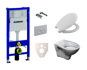 Fali wc szett - a szett tartalmaz WC tartállyal Geberit és WC tartály. WC ülőke alapanyaga Duroplast. Nyomógomb alapanyaga műanyag fehér színu.