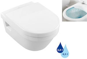 Falra szerelhető WC hátsó kifolyással öblítési kör nélkül. Kerámia ülőke nélkül Takarékos 3 / 4,5 literes öblítéssel.