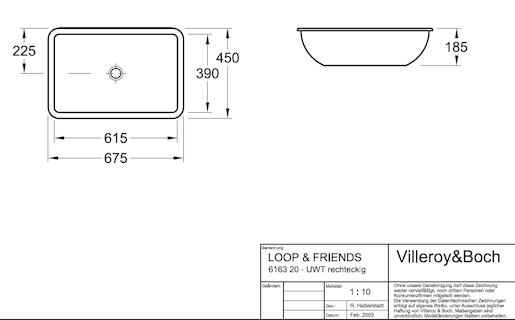 Süllyesztett mosdó Villeroy & Boch Loop&Friends fehér színben fényes felülettel csaptelep nyílás nélkül 61632001
