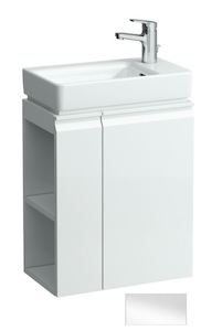 Felakasztható fürdőszobaszekrény a mosogató alatt fehér színben fényes felülettel mérete 47x62x27,5 cm. mosdó nélkül, lassú záródás