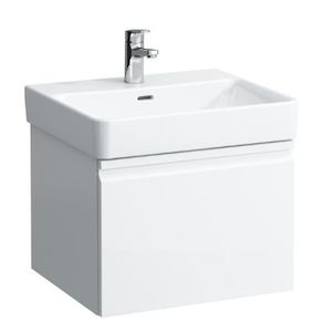 Felakasztható fürdőszobaszekrény a mosogató alatt fehér színben fényes felülettel mérete 52x39x45 cm. mosdó nélkül, lassú záródás
