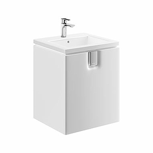 Felakasztható fürdőszobaszekrény a mosogató alatt fehér színben fényes felülettel mérete 50x57x46 cm. MDF-lap felülettel teljes kihúzás behúzással, mosdó nélkül