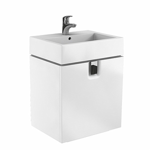Felakasztható fürdőszobaszekrény a mosogató alatt fehér színben fényes felülettel mérete 60x57x46 cm. MDF-lap felülettel teljes kihúzás behúzással, mosdó nélkül