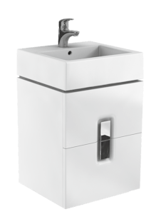 Felakasztható fürdőszobaszekrény a mosogató alatt fehér színben fényes felülettel mérete 50x57x46 cm. mosdó nélkül, lassú záródás