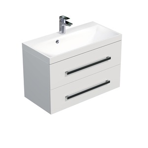 Felakasztható fürdőszobaszekrény mosogatóval fehér színben fényes felülettel mérete 80x53x40 cm. A felület lamino kivitelben. Teljes kihúzással és behúzással.