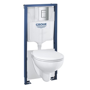 Falra akasztható WC-készlet - a készlet tartalmazza a Rapid SL modult könnyű falakhoz / előfalhoz, egy Grohe WC-tartályt és egy WC-ülőkét. A WC ülőke duroplast anyagból készült. A vezérlőgomb műanyagból készült, és fényes króm színű.