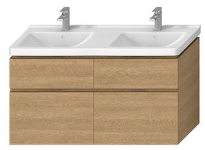 Felakasztható fürdőszobaszekrény a mosogató alatt tölgyfa dekorban mérete 128x68,3x46,7 cm. mosdó nélkül, teljes kihúzás behúzással