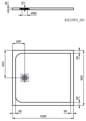 Zuhanytálca négyszögletes Ideal Standard 100x90 cm öntött márvány szürke K8220FS