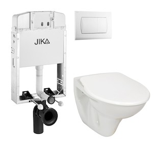 Fali wc szett - a szett tartalmaz modul befalazandó, WC tartállyal Jika, WC és tartály. WC ülőke alapanyaga thermoplast. Nyomógomb alapanyaga műanyag fehér színu.