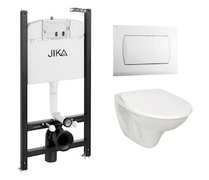 Fali wc szett - a szett tartalmaz modul könnyűszerkezetes falakba / falsík előtti, WC tartállyal Jika, WC és tartály. WC ülőke alapanyaga thermoplast. Nyomógomb alapanyaga műanyag fehér színu.