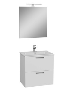 Felakasztható fürdőszobaszekrény mosogatóval fehér színben fényes felülettel mérete 59x61x39,5 cm. A felület lamino kivitelben. tükörrel, LED világítással, szifonnal, lassú záródás