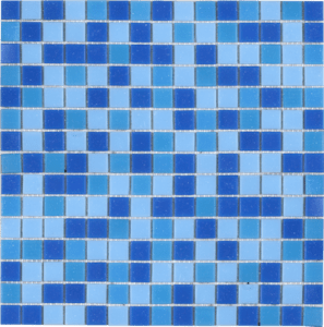 Üvegmozaik kék színben mérete 32,7x32,7 cm vastagsága 4 mm matt felülettel. Négyzet alakú alapelem mérete 2x2 cm