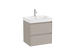 Felakasztható fürdőszobaszekrény mosogatóval homokos matt felülettel mérete 60x64,5x46 cm. A felület lamino kivitelben. Teljes kihúzás ütközővel, szifon nélkül, belső szervezővel