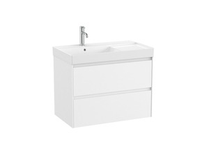 Felakasztható fürdőszobaszekrény mosogatóval fehér színben matt felülettel mérete 80x64,5x46 cm. A felület lamino kivitelben. Teljes kihúzás hosszabbítóval, szifon nélkül, belső szervezővel.