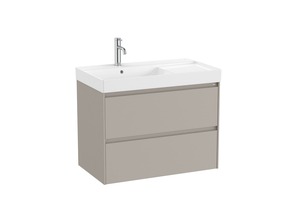 Felakasztható fürdőszobaszekrény mosogatóval homokos matt felülettel mérete 80x64,5x46 cm. A felület lamino kivitelben. Teljes kihúzás ütközővel, szifon nélkül, belső szervezővel
