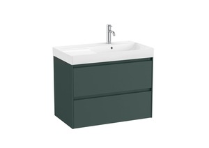 Felakasztható fürdőszobaszekrény mosogatóval zöld színben matt felülettel mérete 80x64,5x46 cm. A felület lamino kivitelben. Teljes kihúzás hosszabbítóval, szifon nélkül, belső szervezővel.