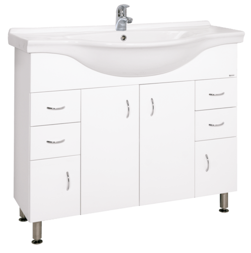 Álló fürdőszobaszekrény mosdókagylóval fehér színben fényes felülettel mérete 102x85x55 cm. Lakkozott felülettel.