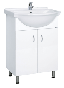 Álló fürdőszobaszekrény mosogatóval fehér színben fényes felülettel mérete 52x85x41,2 cm. Lakkozott felülettel.