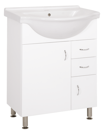 Álló fürdőszobaszekrény mosogatóval fehér színben fényes felülettel mérete 60x85x50 cm. Lakkozott felülettel.