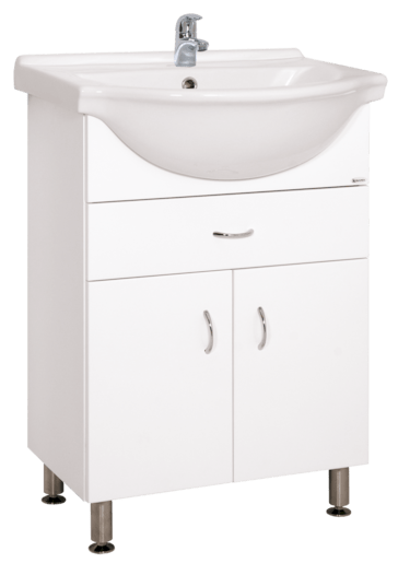 Álló fürdőszobaszekrény mosogatóval fehér színben fényes felülettel mérete 60x85x50 cm. Lakkozott felülettel.