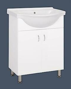 Álló fürdőszobaszekrény mosogatóval fehér színben fényes felülettel mérete 66x85x51,4 cm. Lakkozott felülettel.