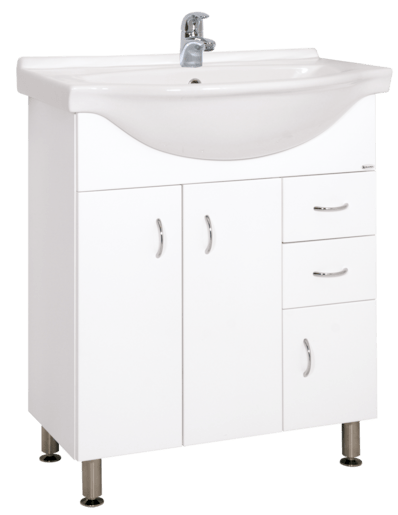 Álló fürdőszobaszekrény mosogatóval fehér színben fényes felülettel mérete 70,5x85x50,5 cm. Lakkozott felülettel.