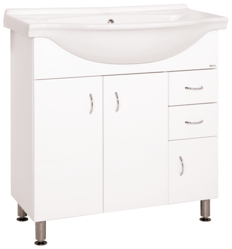 Álló fürdőszobaszekrény mosogatóval fehér színben fényes felülettel mérete 80x85x50 cm. Lakkozott felülettel.