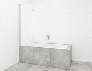 Kétrészes, összecsukható fürdőszobai üvegparaván, 150x105cm-es méretekkel, krómozott kivitelben. Ez a tiszta vonalvezetésű kádparaván modern és minimalista megjelenést kölcsönöz fürdőszobájának. A kádparaván sima és keret nélküli üvegfelületének köszönhetően az Easy Clean technológiának köszönhetően nagyon könnyen karbantartható.