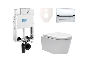 Fali wc szett - a szett tartalmaz modul könnyűszerkezetes falakba / falsík előtti, WC tartállyal Roca és WC tartály. WC ülőke alapanyaga Duroplast. Nyomógomb alapanyaga műanyag króm színu.