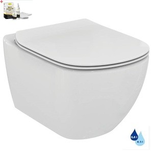 Falra szerelhető WC soft close ülőkével hátsó kifolyással öblítési kör nélkül. Kerámia ülőkével együtt Takarékos 3 / 4,5 literes öblítéssel. Rejtett rögzítés.