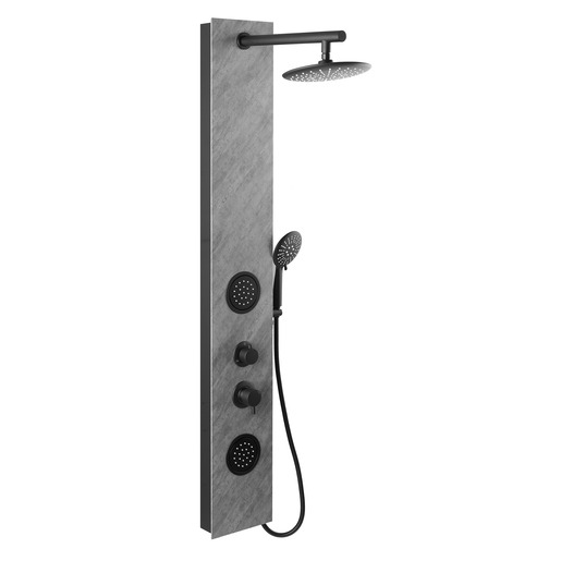 Hidromasszázs zuhanypanel kő díszítéssel. A panel 3 funkcióval rendelkezik, amelyek között egy forgókapcsolóval egyszerűen válthatunk. Tartalmaz egy karos csaptelepet, egy fejzuhanyzót és egy kézizuhanyt.