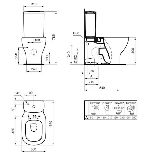Kombinált wc Ideal Standard Tesi vario kifolyással T008201