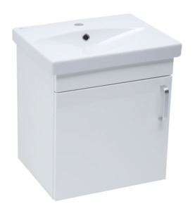 Felakasztható fürdőszobaszekrény mosogatóval fehér színben fényes felülettel mérete 50x51x40 cm. fóliázott felülettel Lassú záródással.