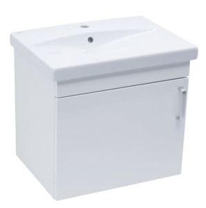 Felakasztható fürdőszobaszekrény mosogatóval fehér színben fényes felülettel mérete 60x51x40 cm. fóliázott felülettel Lassú záródással.
