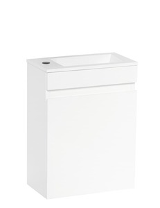 Fali fürdőszobaszekrény mosdókagylóval fehér színben, fényes lakkozott felülettel, mérete 40x53,2x22 cm. Lassú záródással.