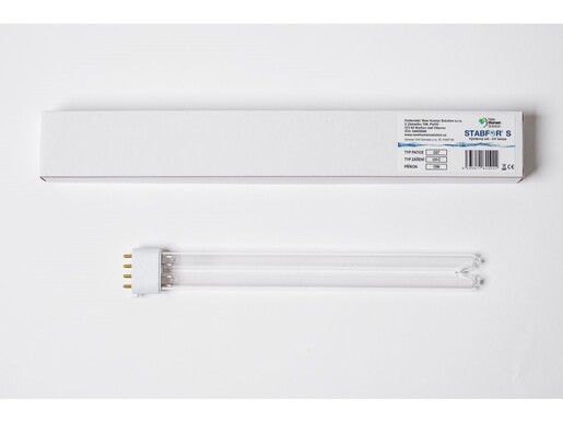 Tartalék UV lámpa NHS Stabfor. Lámpa teljesítménye 15 W, lámpa feszültsége 58 V, hossza 420 mm. Az UV lámpa cseréje évente egyszer szükséges.